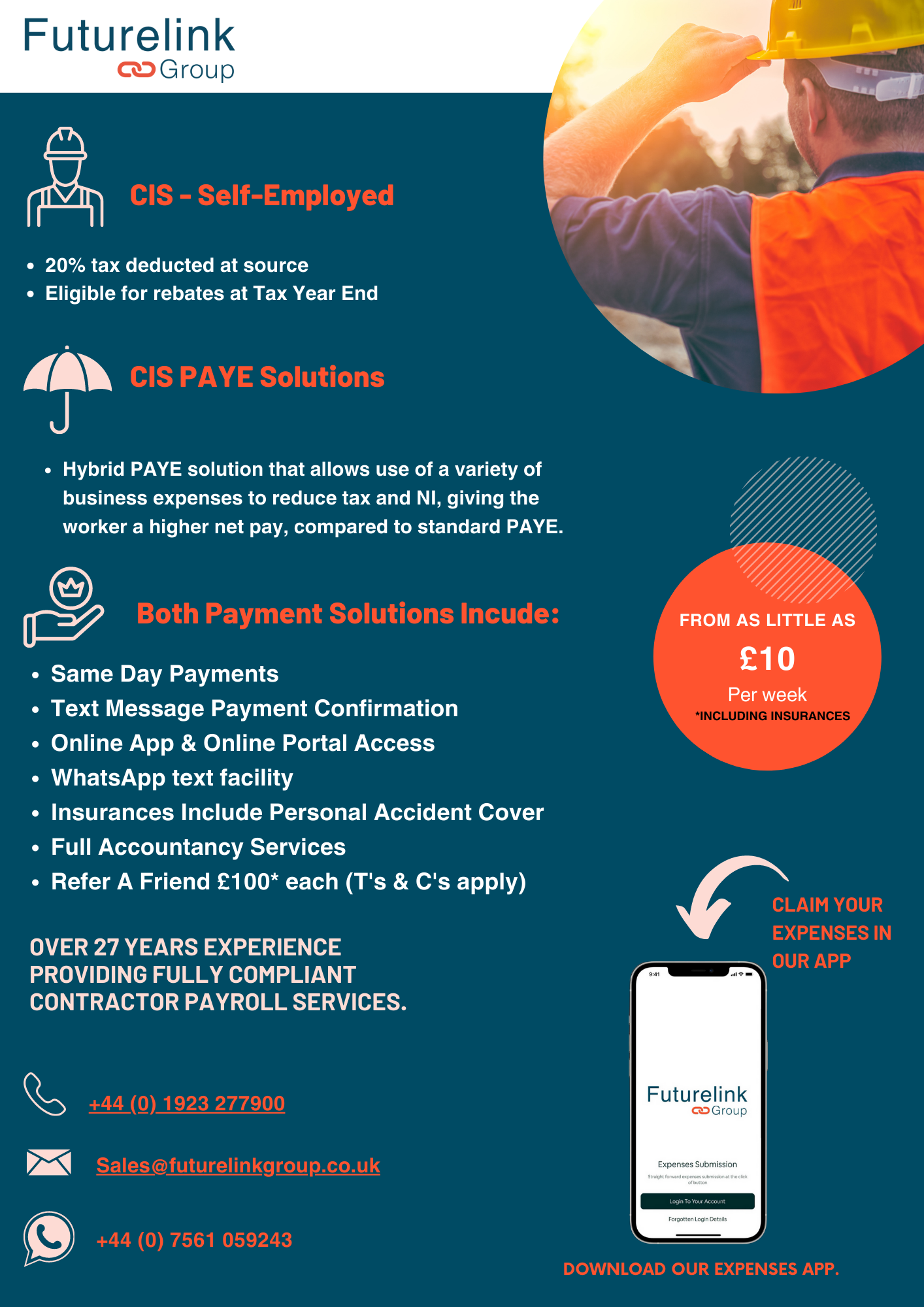 FutureLink provides comprehensive payroll solutions including Umbrella Payroll, Umbrella PAYE, CIS Payroll, Self-employed Payroll, Tax-Efficient Payment Solutions, PAYE Payroll, and IR35 Compliant Solutions